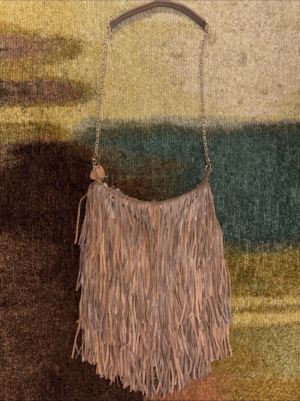 Fringe Shoulder Bag in Taupe with Chain Strap